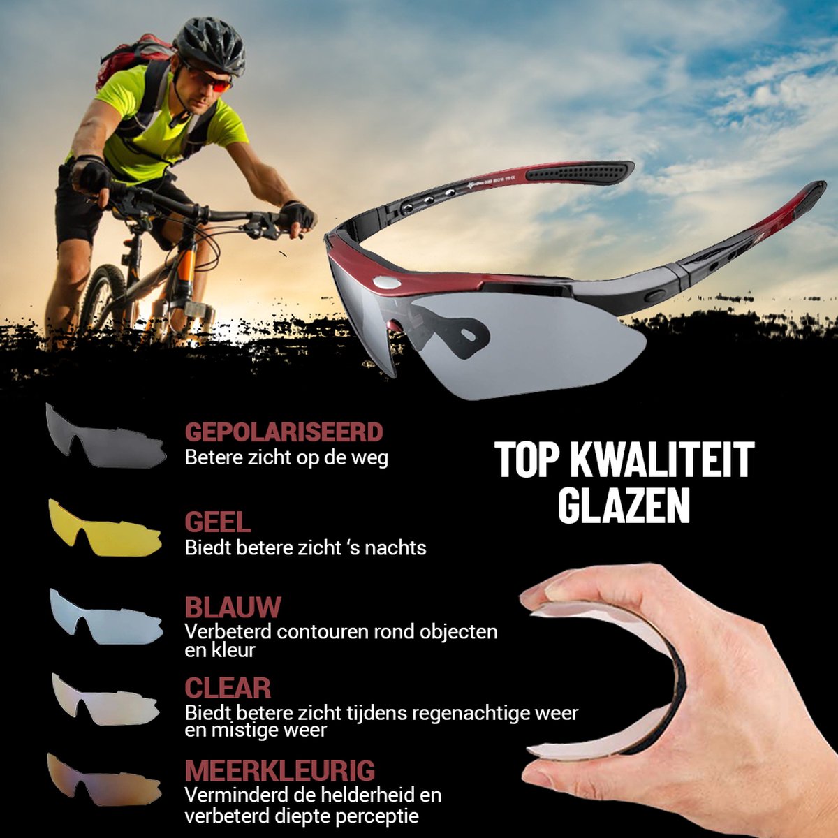 Photochromic fietsbril zwart/rood
